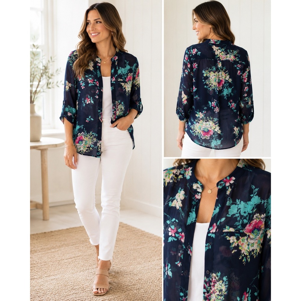 KUT from the Kloth Floral Chiffon Blouse Navy Blue Boho Cottagecore Medium USA